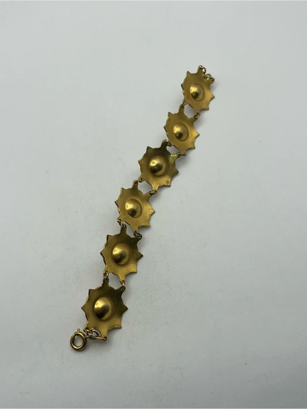 Damascene black enamel gold tone design faux pearl flower star bracelet vintage